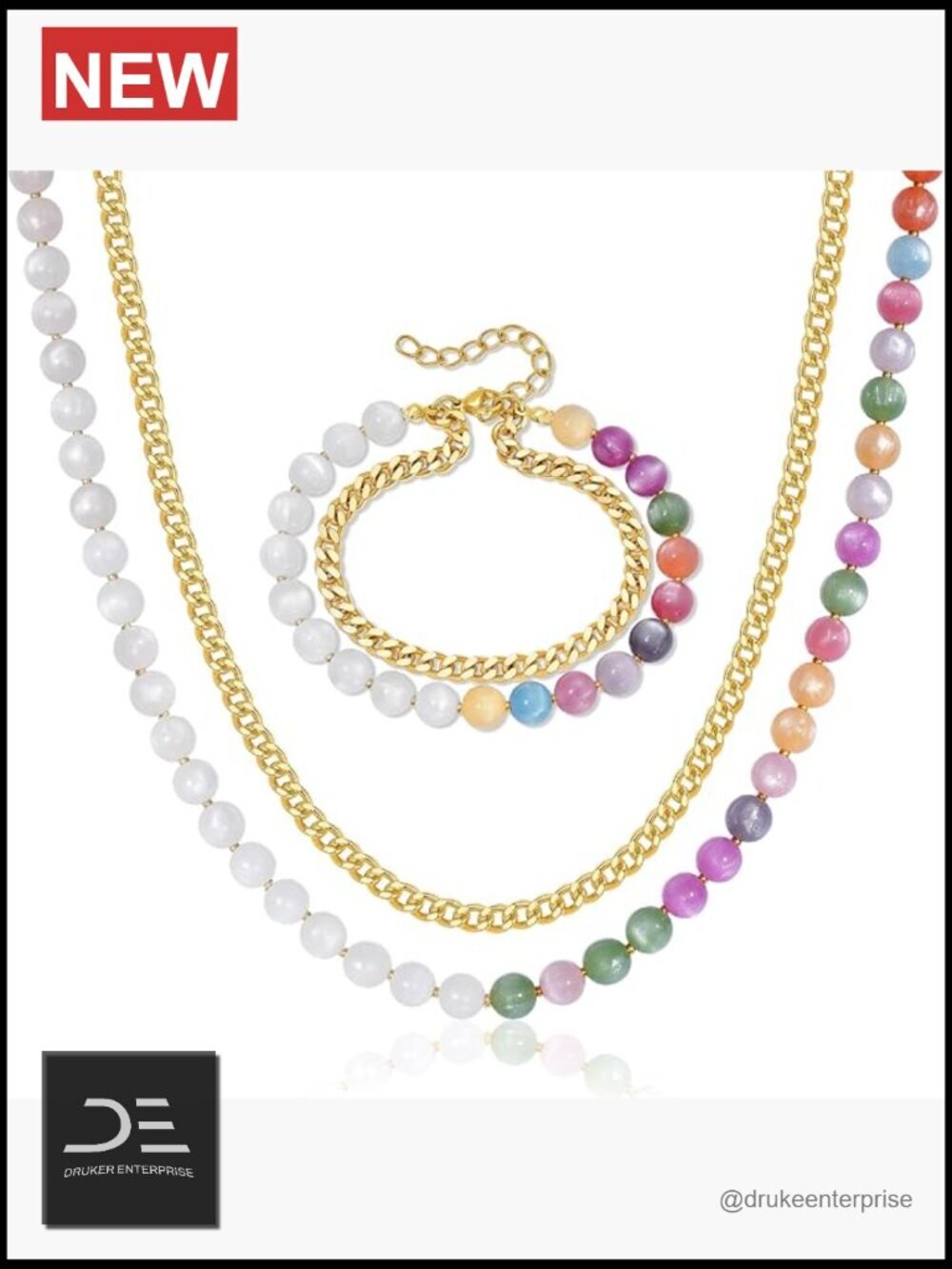 UV Reactive Beaded Necklace Bracelet Set with Gold Plated Cuban Chain